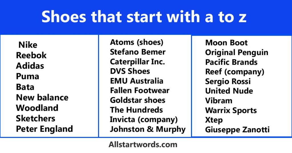 Shoes that start with a to z